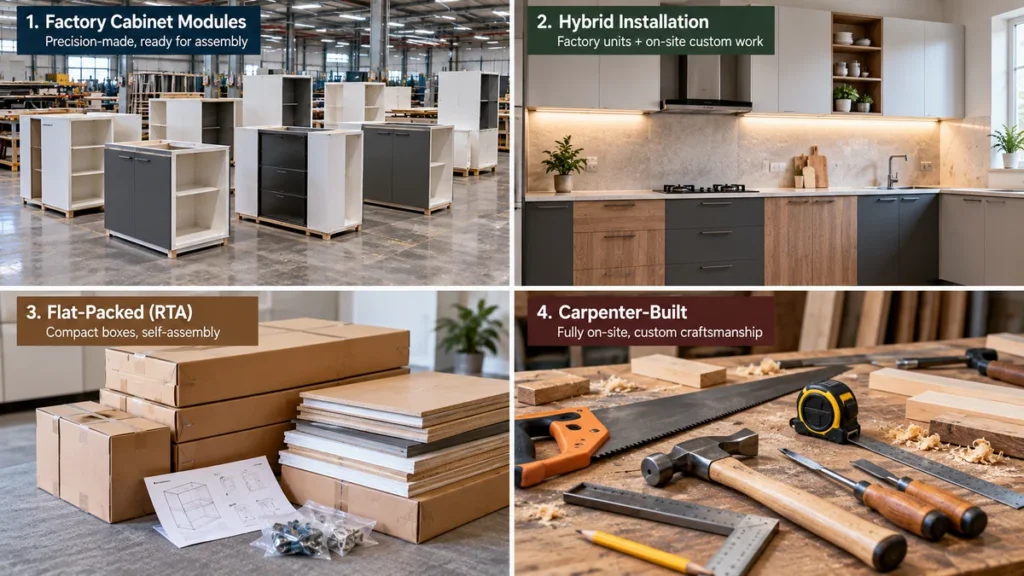 Four kitchen construction types compared visually, factory modules, semi-modular hybrid, flat-pack RTA units, and carpenter tools