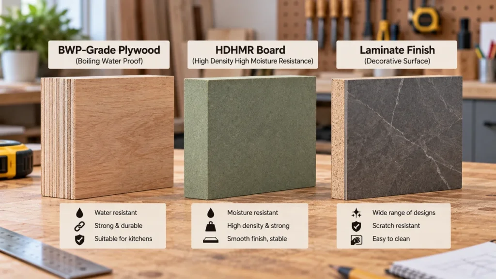 BWP-grade plywood, HDHMR board, and laminate finish samples laid out together for a modular kitchen