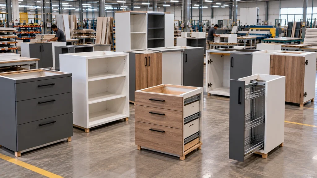 Individual modular kitchen cabinet units laid out separately before assembly, showing standardised module boundaries
