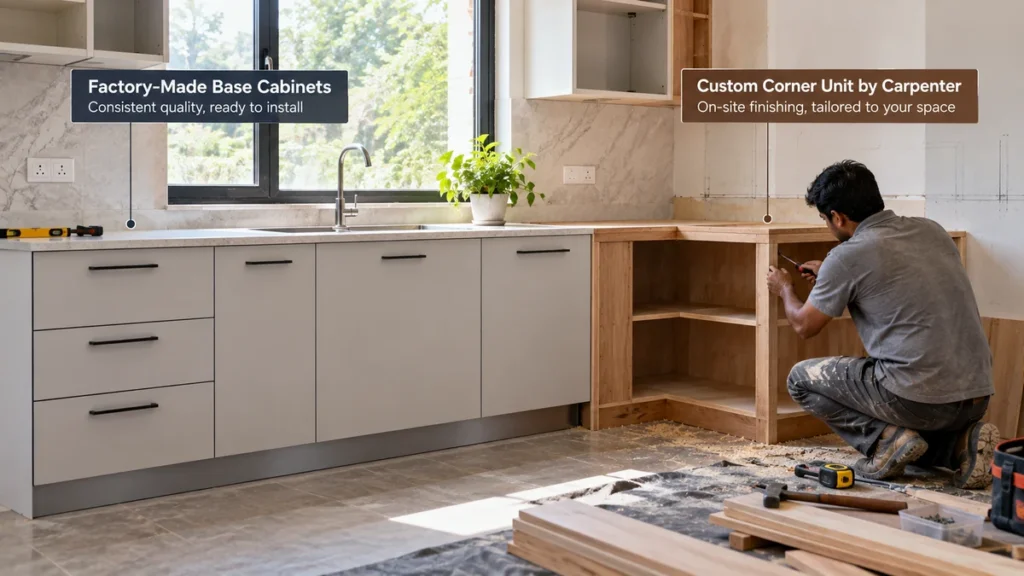 Semi-modular kitchen installation showing factory cabinets alongside carpenter-finished corner unit