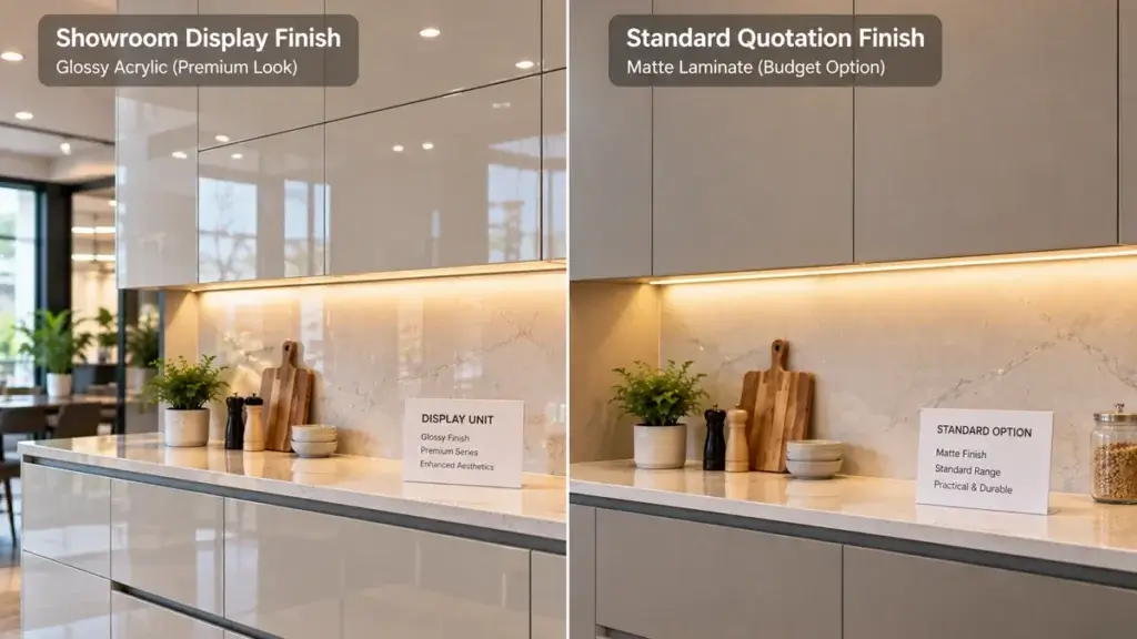 Side-by-side comparison of a showroom display kitchen finish and a standard-budget kitchen sample