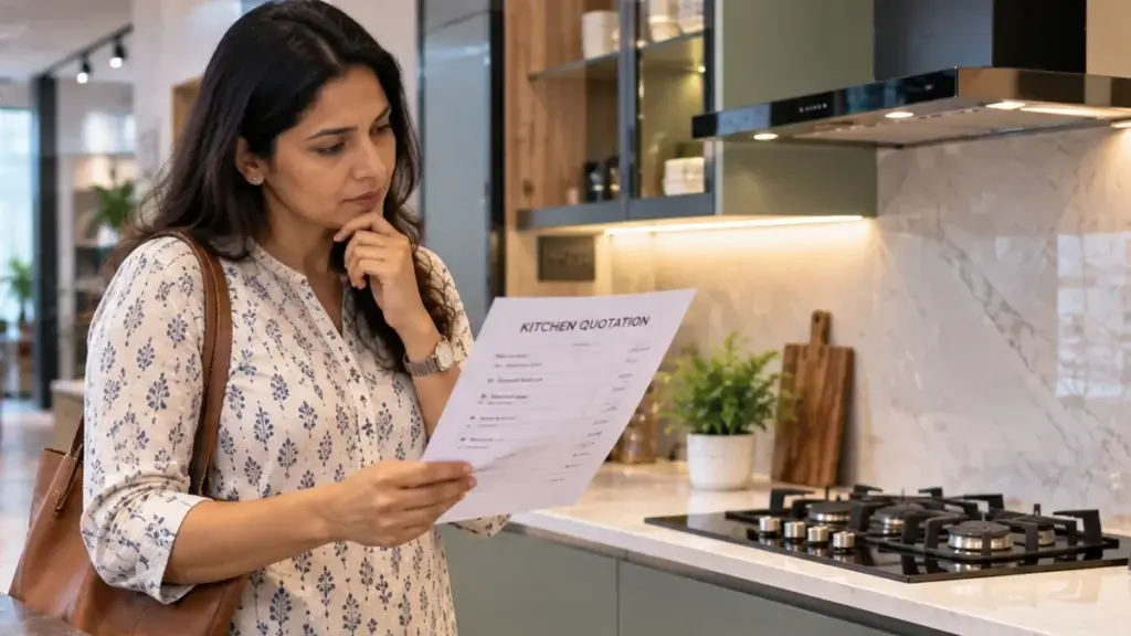 Homeowner comparing a showroom display kitchen to a printed quotation, looking uncertain about the differences