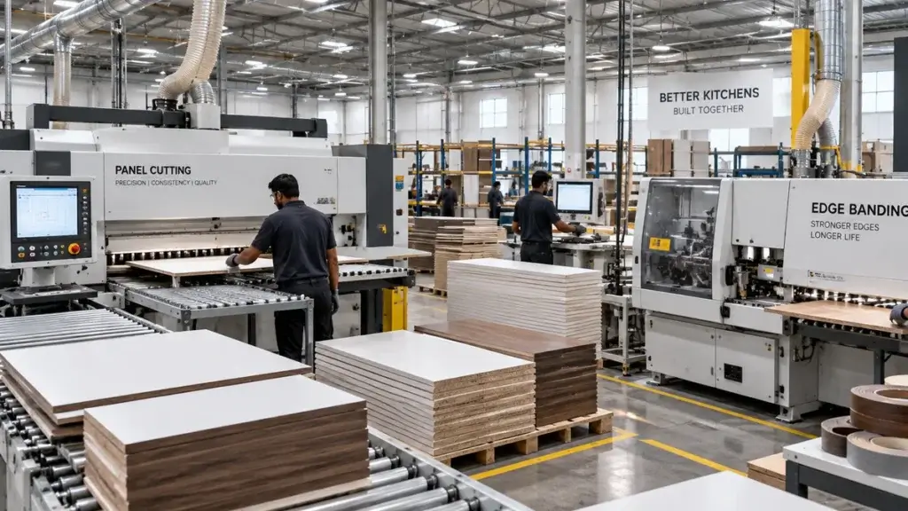 Factory production line manufacturing modular kitchen cabinets in-house, showing quality control in progress