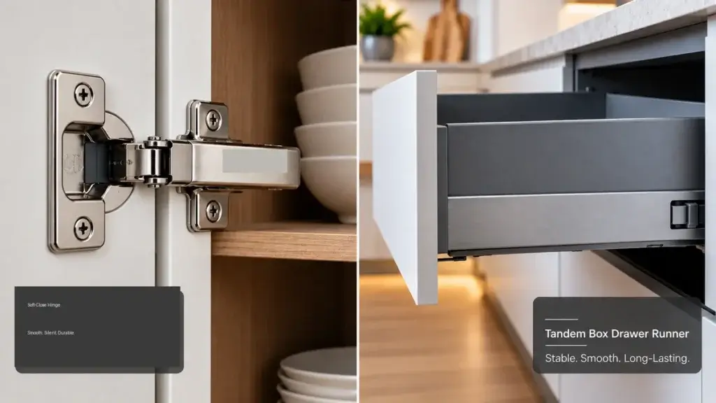 Close-up of a soft-close hinge and drawer runner mechanism with visible hardware branding on a modular kitchen cabinet