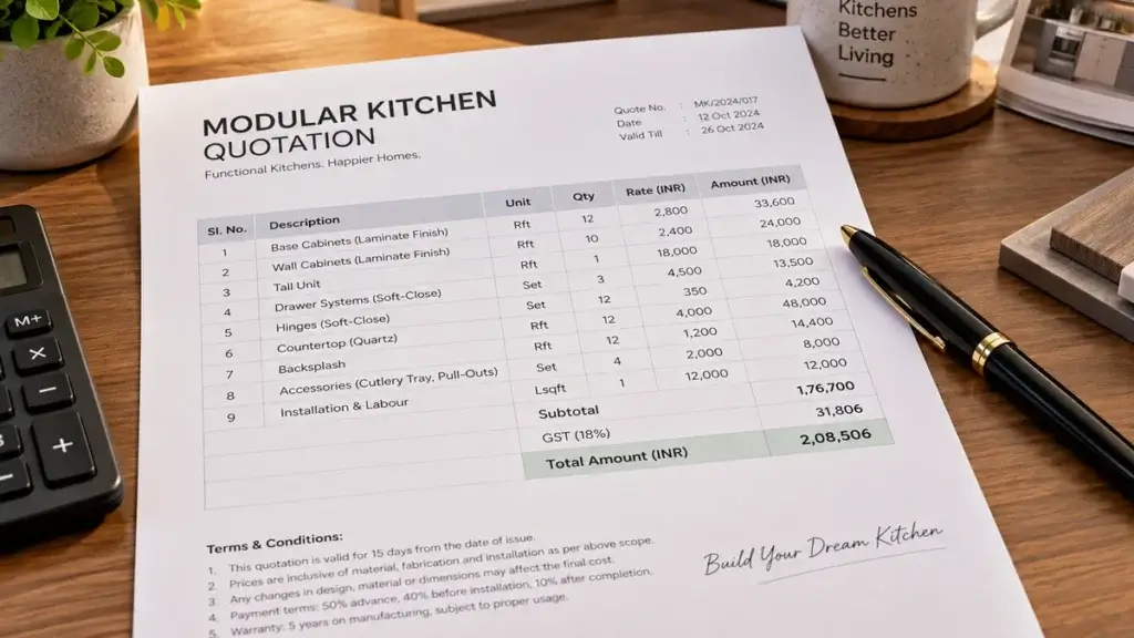 Itemised modular kitchen quotation showing separate cost lines for cabinets, hardware, and installation