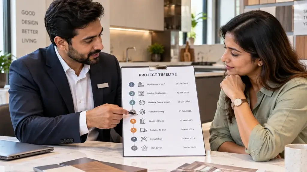 Showroom consultant presenting a printed stage-by-stage installation timeline