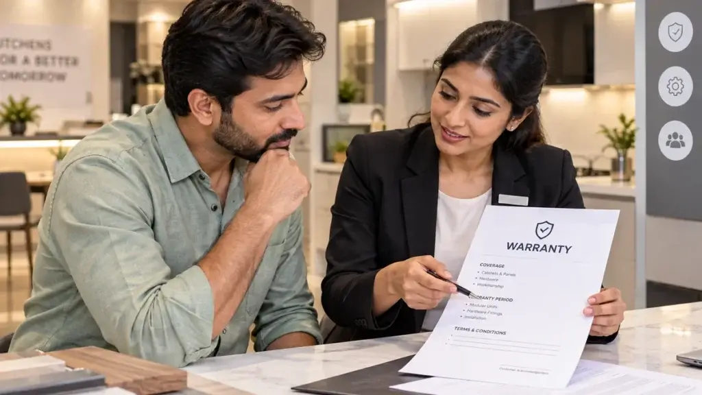 Homeowner reviewing a modular kitchen warranty document with a showroom representative, pointing at specific clauses