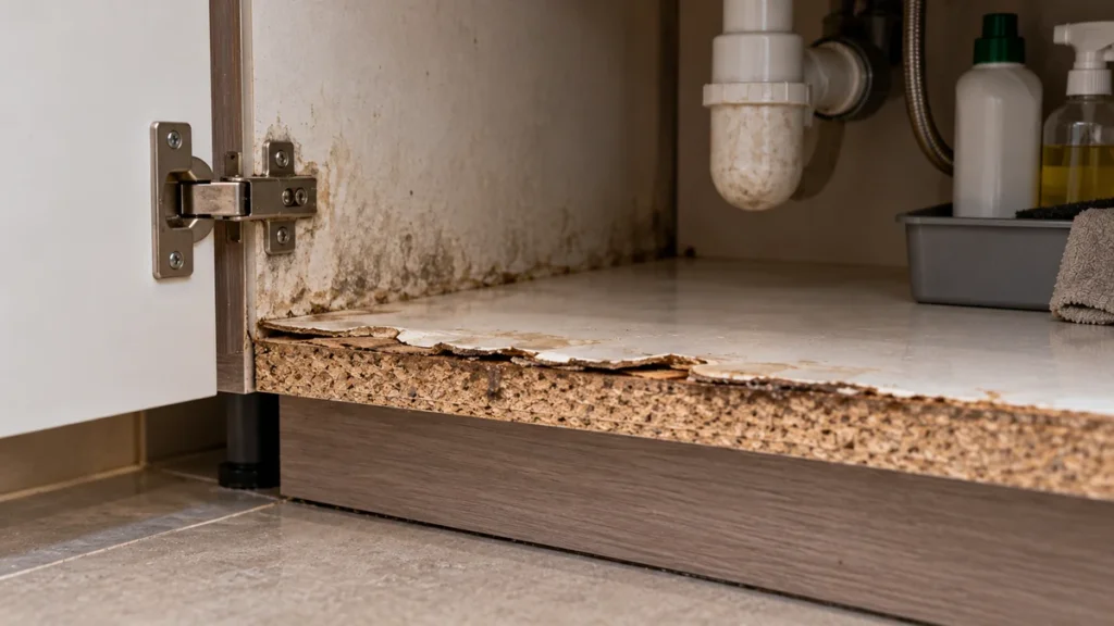 Swollen and delaminated particle board at the base of a kitchen sink cabinet