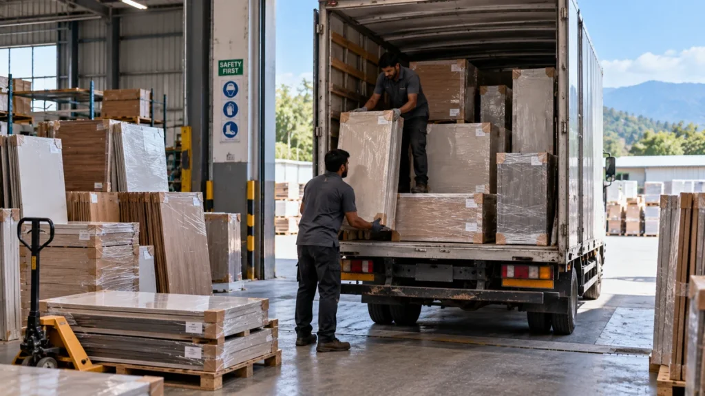 Workers loading modular kitchen components into a delivery truck in reverse installation order