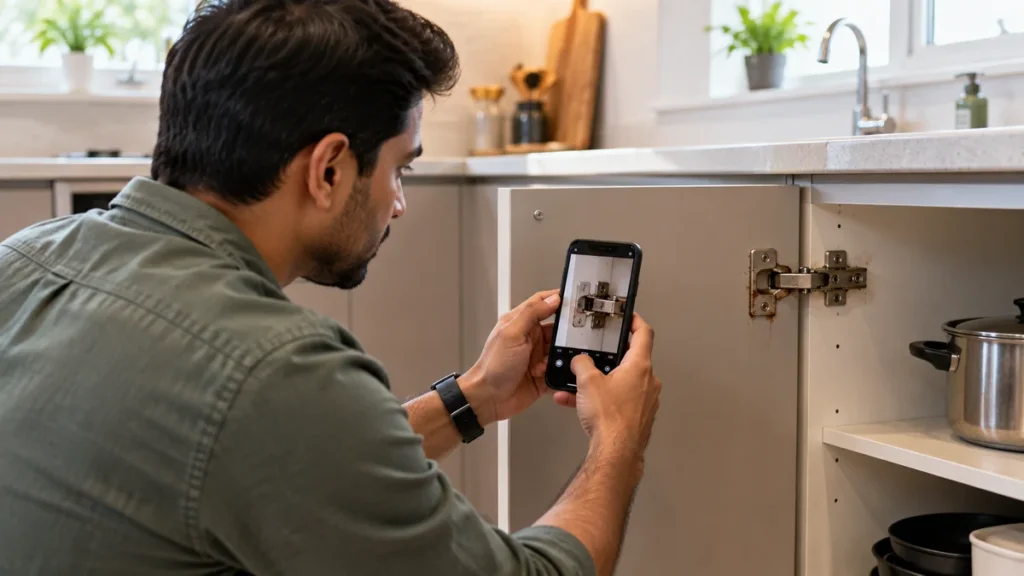 Homeowner photographing a cabinet defect on a phone to file a modular kitchen warranty claim