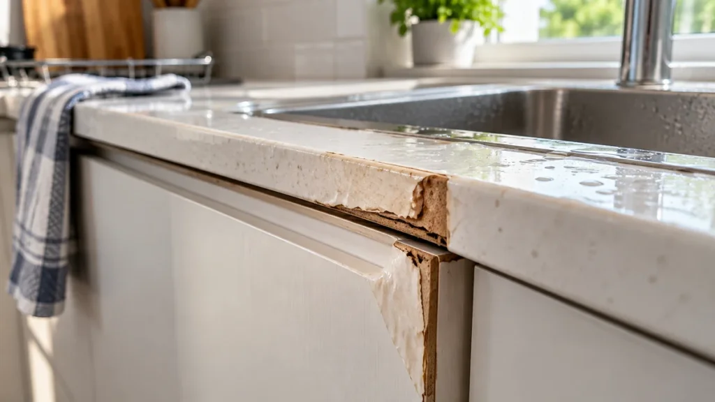 Water damage swelling visible on a cabinet edge near a kitchen sink, a commonly excluded warranty scenario