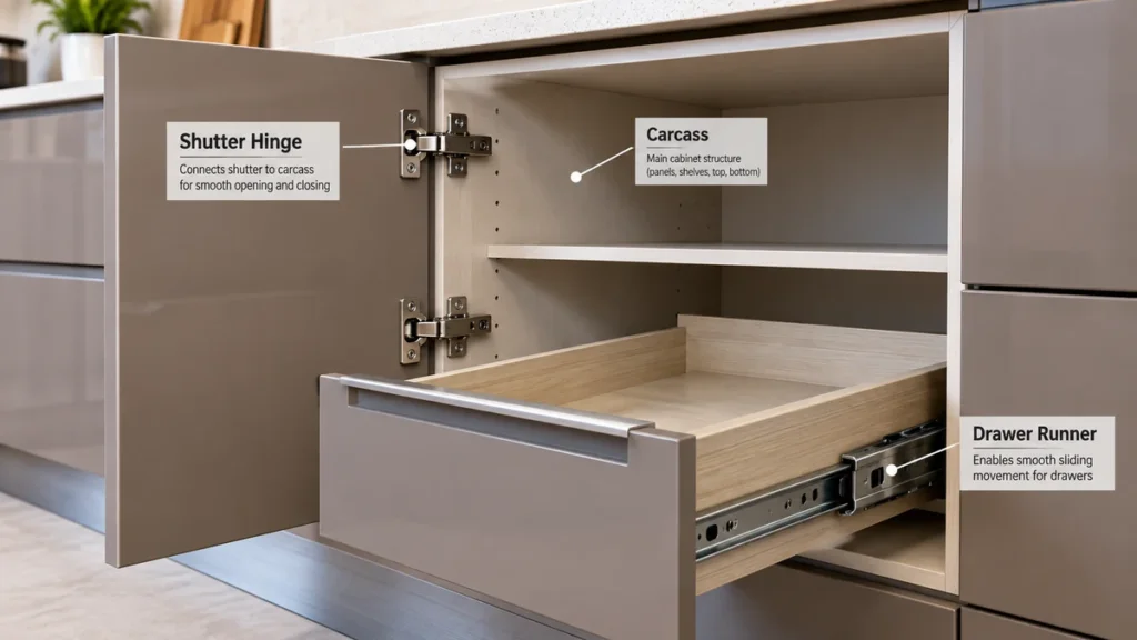 Cross-section diagram style photo of a modular kitchen cabinet showing carcass, shutter, and hardware layers separately