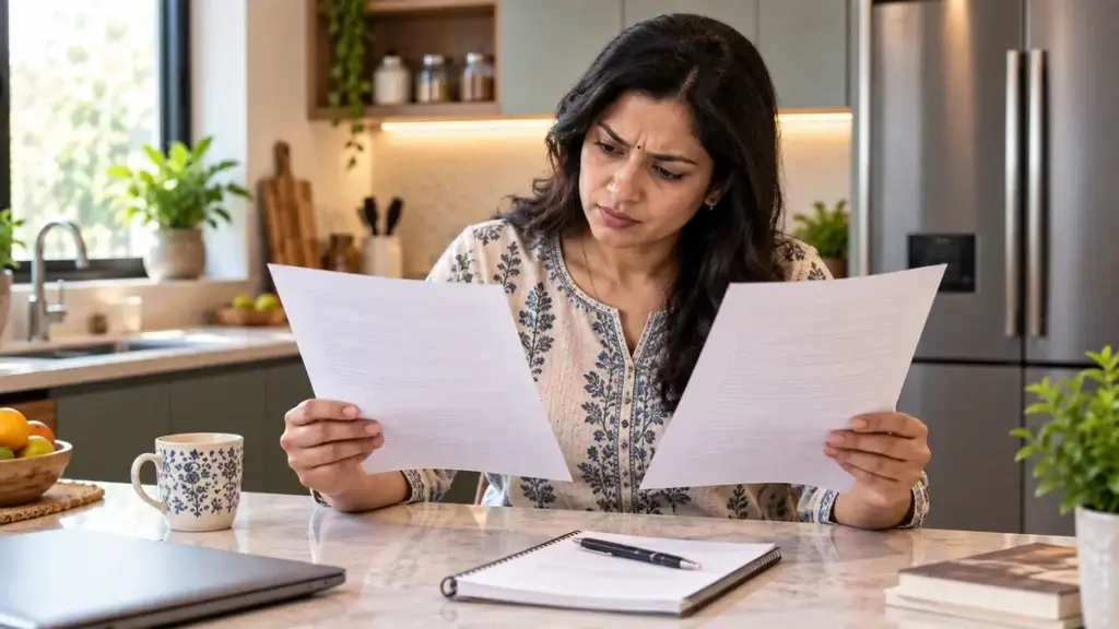 Homeowner comparing two modular kitchen warranty documents with different coverage terms side by side