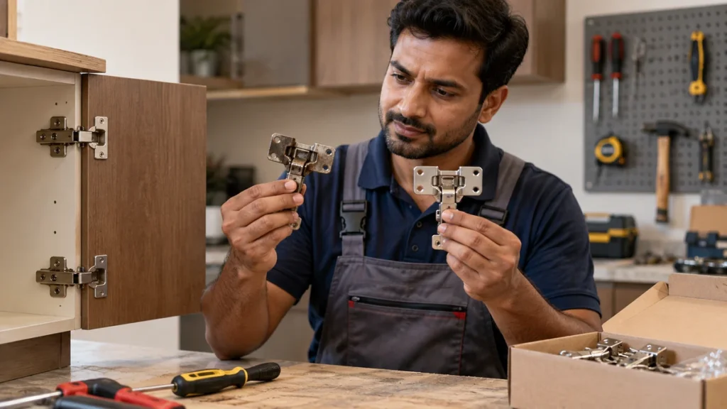 Technician sourcing a replacement cabinet hinge for a modular kitchen well past its original warranty period
