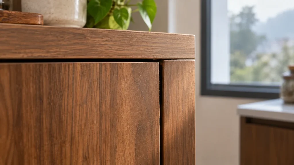 Close-up of a wooden cabinet joint showing slight seasonal gap from winter dryness