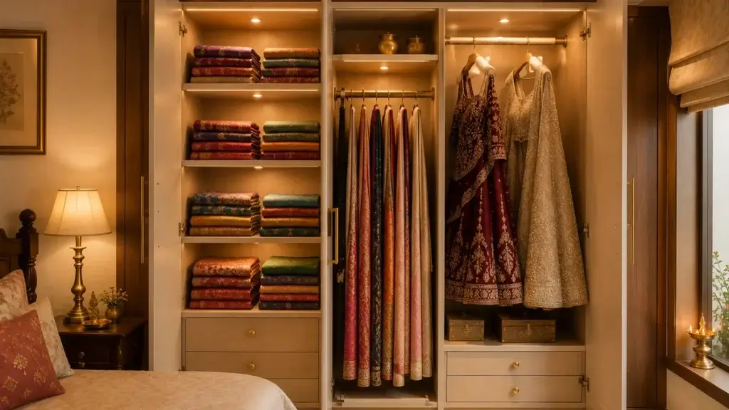 Modular wardrobe with dedicated saree shelf and lehenga hanging section organized for Diwali in an Indian bedroom