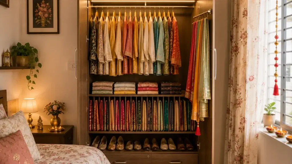 Compact 4-foot wardrobe with saree organizer dividers and ethnic wear zones for a small Indian apartment