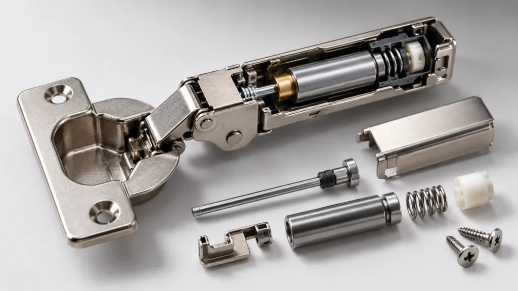 Close-up of a soft-close cabinet hinge mechanism showing the hydraulic damper piston