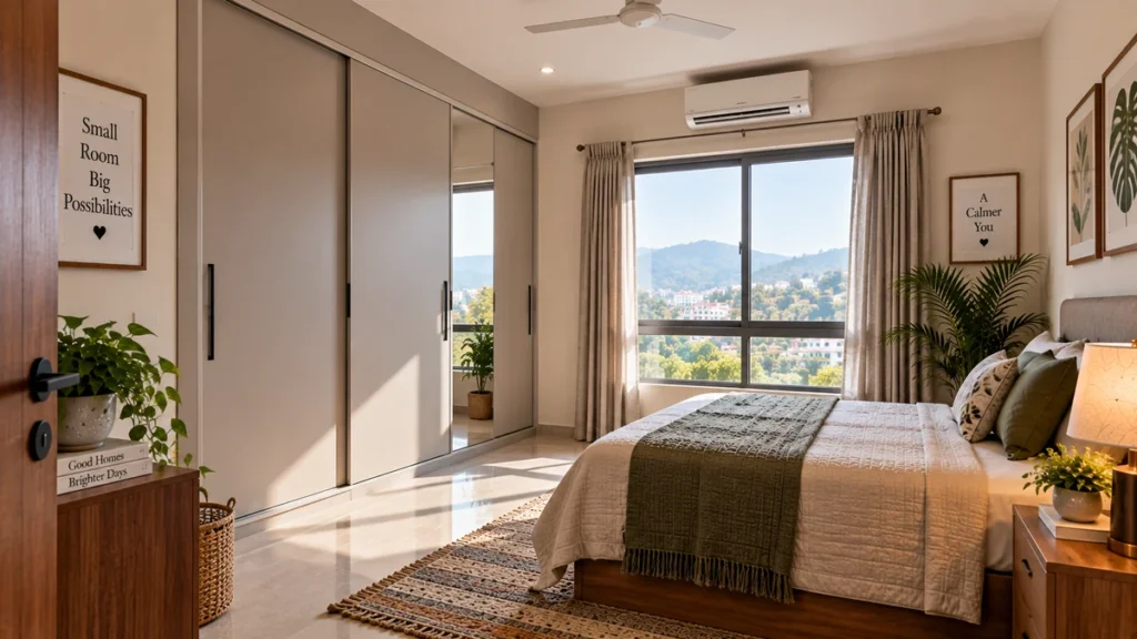 Compact bedroom with a straight sliding wardrobe on one wall instead of an L-shape