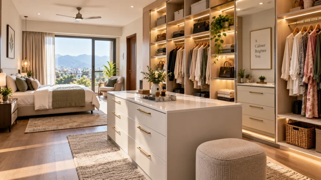Bright walk-in wardrobe dressing area in an Indian master bedroom with open shelving