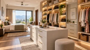 Bright walk-in wardrobe dressing area in an Indian master bedroom with open shelving
