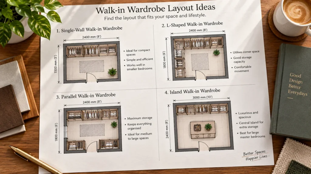 Four walk-in wardrobe layout diagrams shown side by side, single-wall, L-shaped, parallel, and island