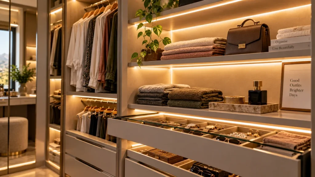 Layered LED shelf lighting inside a walk-in wardrobe highlighting folded clothing and accessories