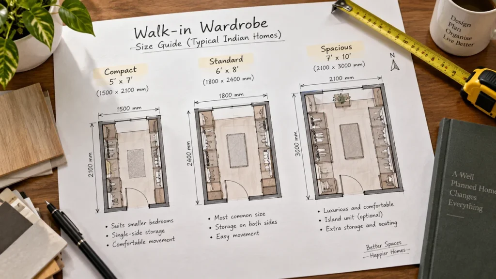 Floor plan sketch showing walk-in wardrobe size bands with dimension markings