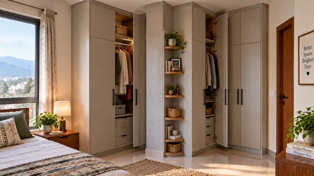 Wardrobe fitted around a corner pillar with shallow shelves beside it