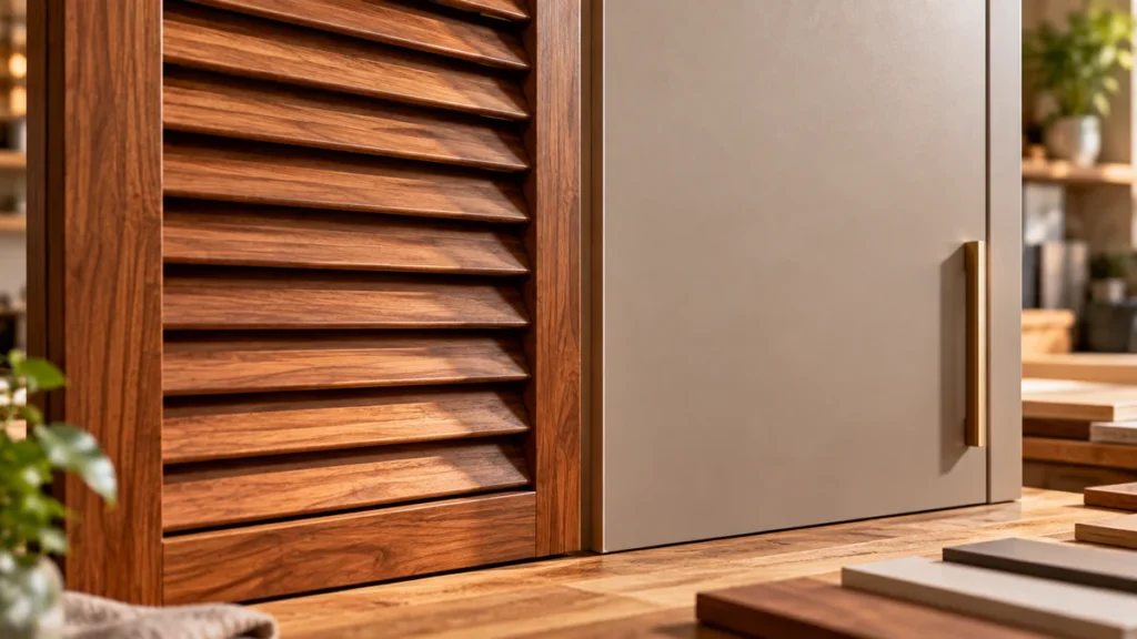Close-up comparison of louvered slats and a solid laminate door panel