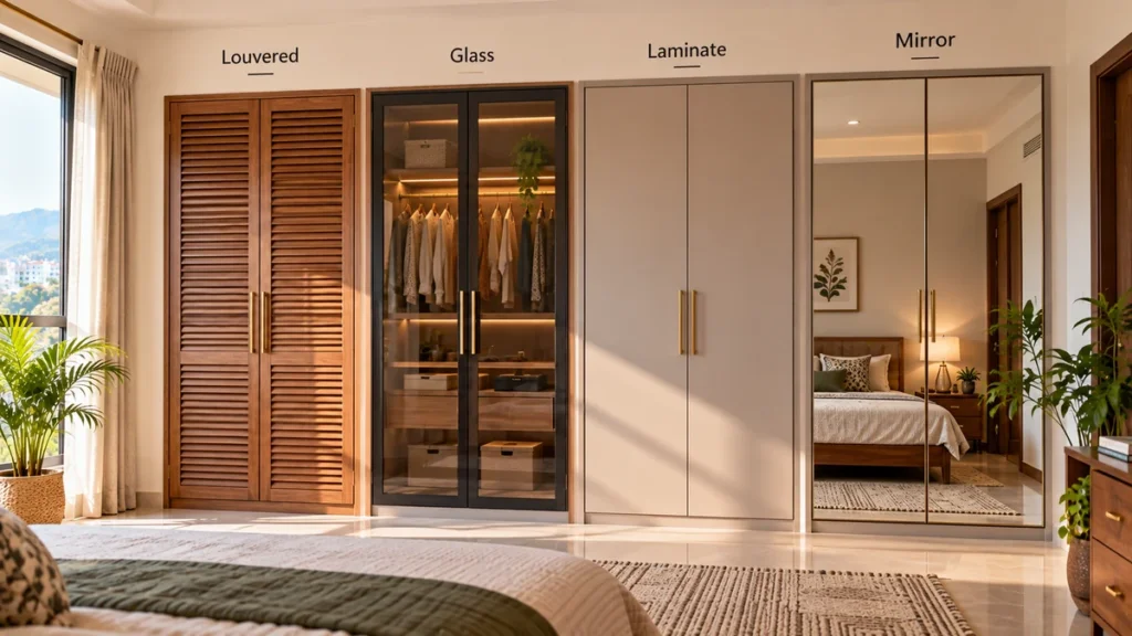 Four wardrobe door samples, louvered, glass, laminate and mirror, side by side
