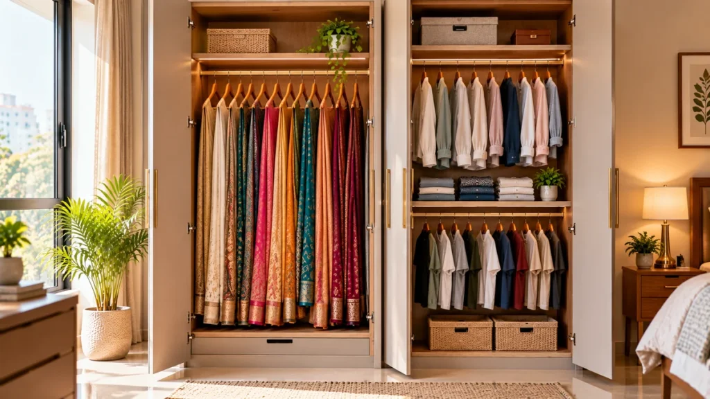 Full-height hanging section for sarees next to a double-hang section for shirts