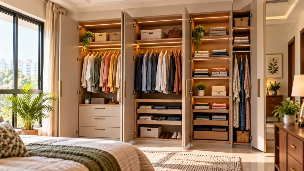 Open wardrobe interior showing organised hanging space, shelves and drawers