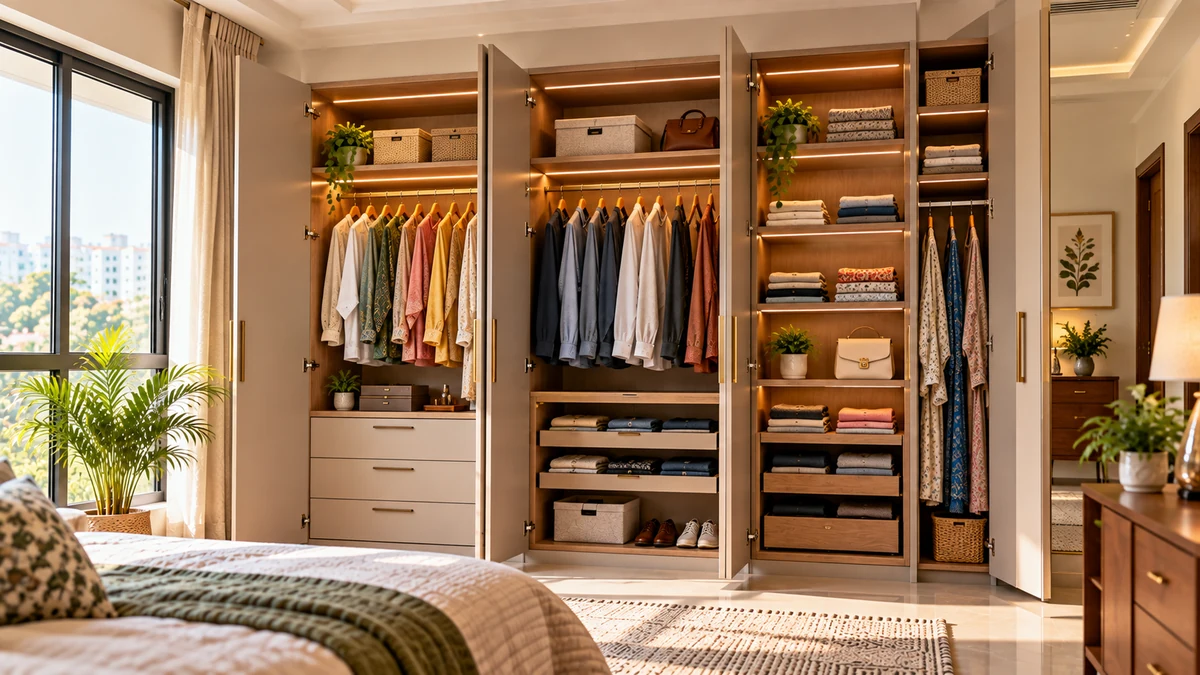 Open wardrobe interior showing organised hanging space, shelves and drawers