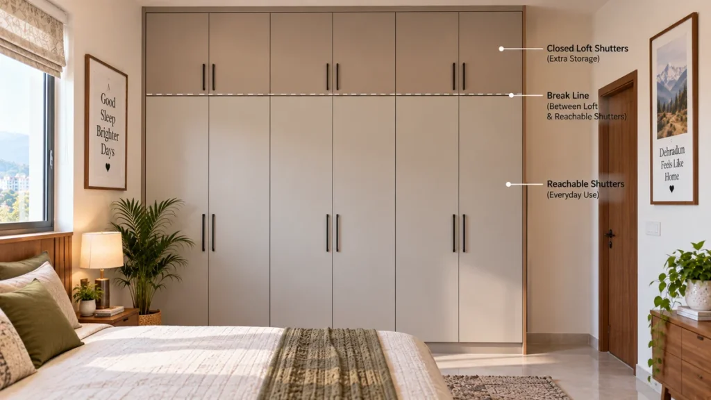 Side view of a wardrobe showing the break line between the main section and the loft
