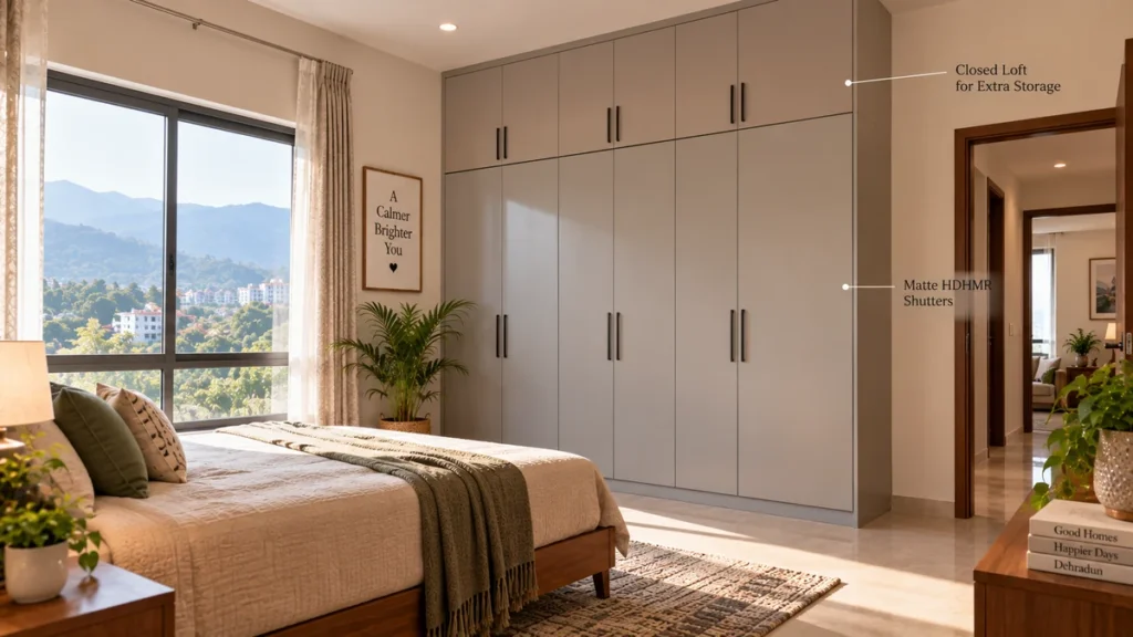 Bright Indian bedroom with a wardrobe and a loft tier reaching towards the ceiling