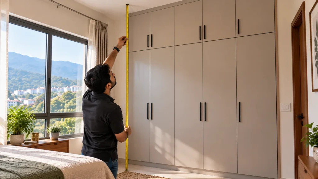 Measuring tape held from floor to ceiling above a wardrobe to check loft height