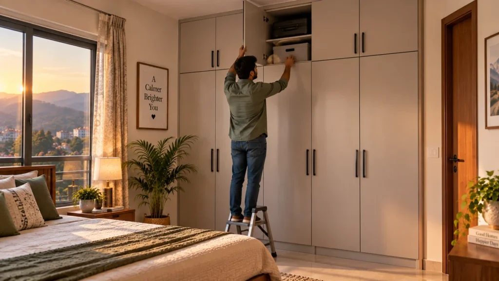Person stepping onto a small stool to reach a wardrobe loft shutter