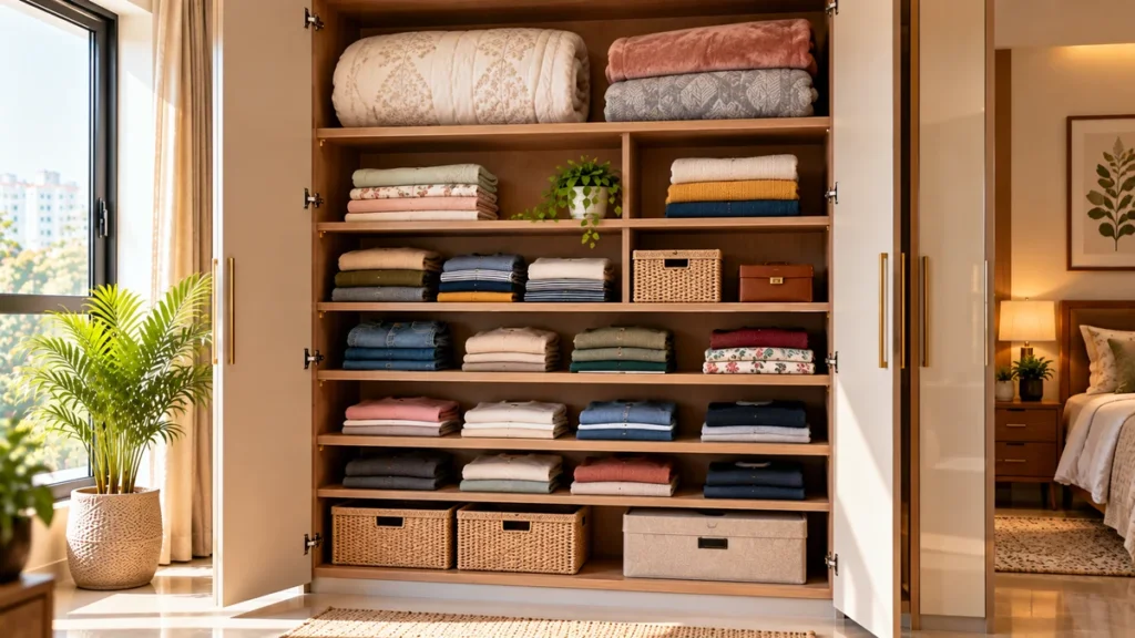 Wardrobe shelves at mixed heights holding folded clothes and blankets