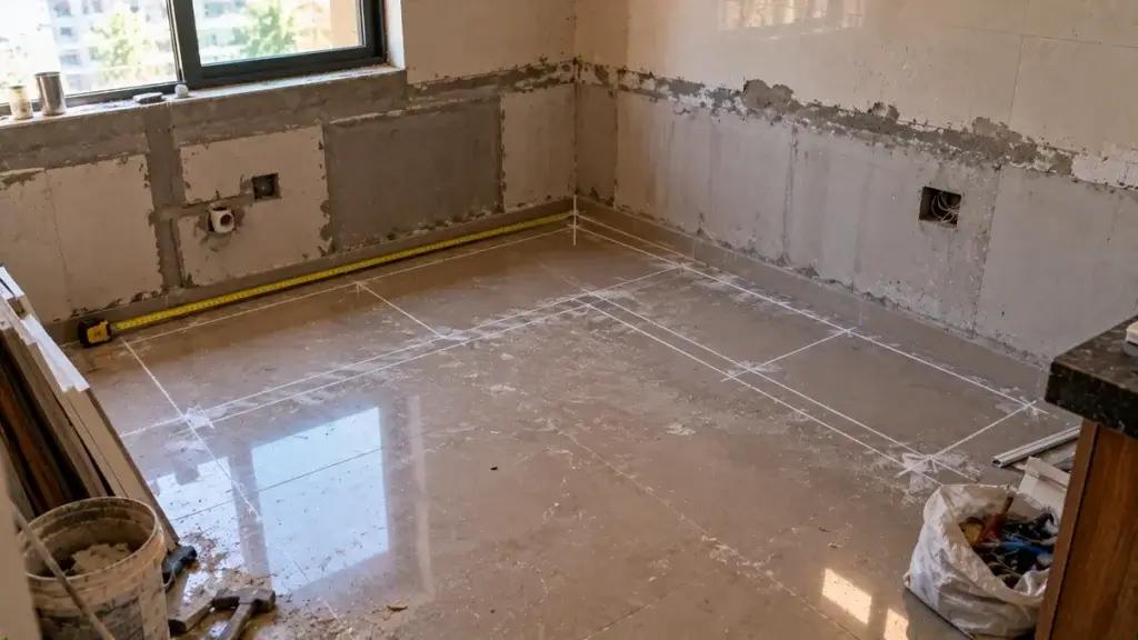 Chalk lines on a kitchen floor marking an L-shaped cabinet run with a steel tape along one wall