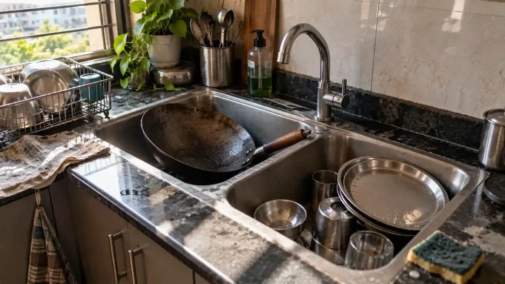 A double bowl steel sink with a wok resting across one bowl and steel plates stacked in the other