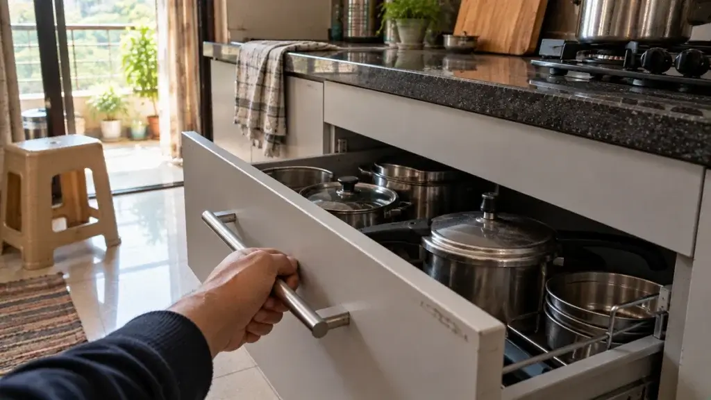 A hand gripping a steel pull on a heavy kitchen drawer half open with pots inside