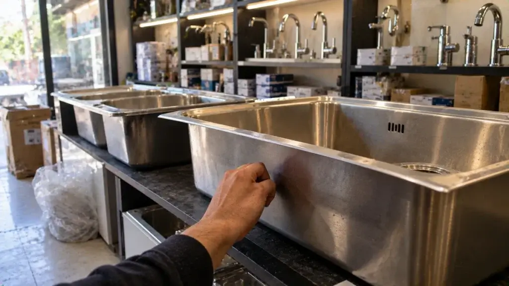 A hand tapping the side wall of a display steel sink in a hardware shop