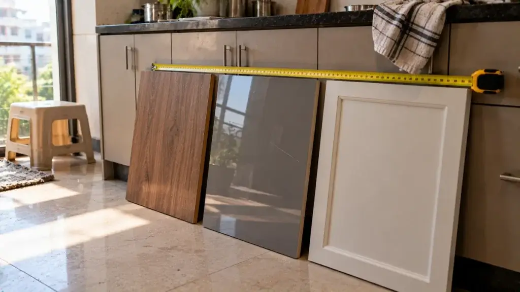 Laminate, acrylic and PU shutter samples leaning against a kitchen cabinet with a steel tape across them