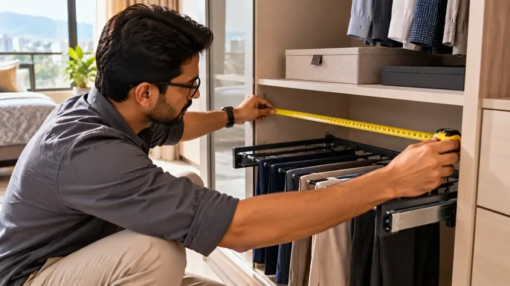 Designer measuring a wardrobe section before fitting a pull-out trouser rack
