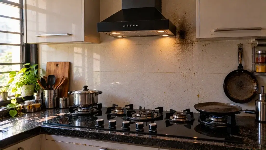 A narrow chimney hood fitted over a wide multi-burner hob with the outer burner uncovered