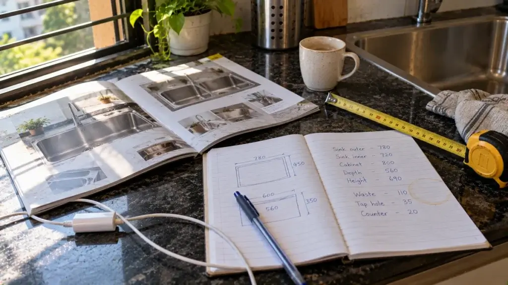 A notebook with sink and cabinet measurements written in pen beside a steel tape on a platform