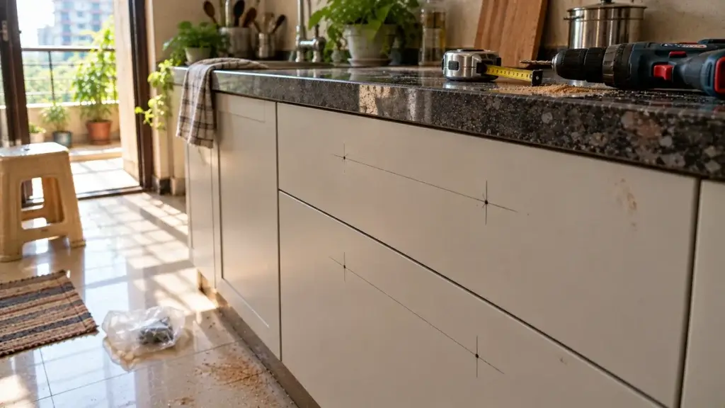 Pencil marks on a pale kitchen drawer front showing where two pulls will sit