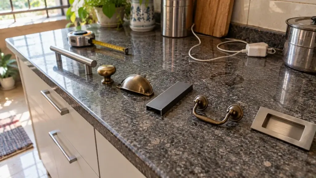 Six sample kitchen handles laid in a row on a granite counter beside a steel tape