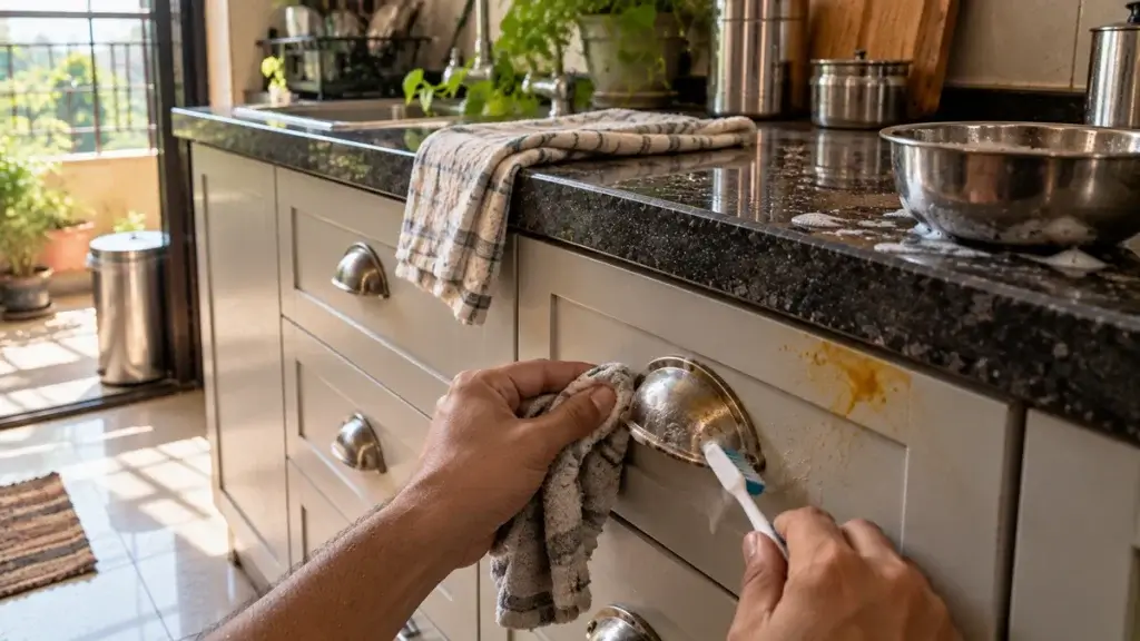 A soft cloth and a small toothbrush cleaning grease from a steel cup pull on a kitchen drawer